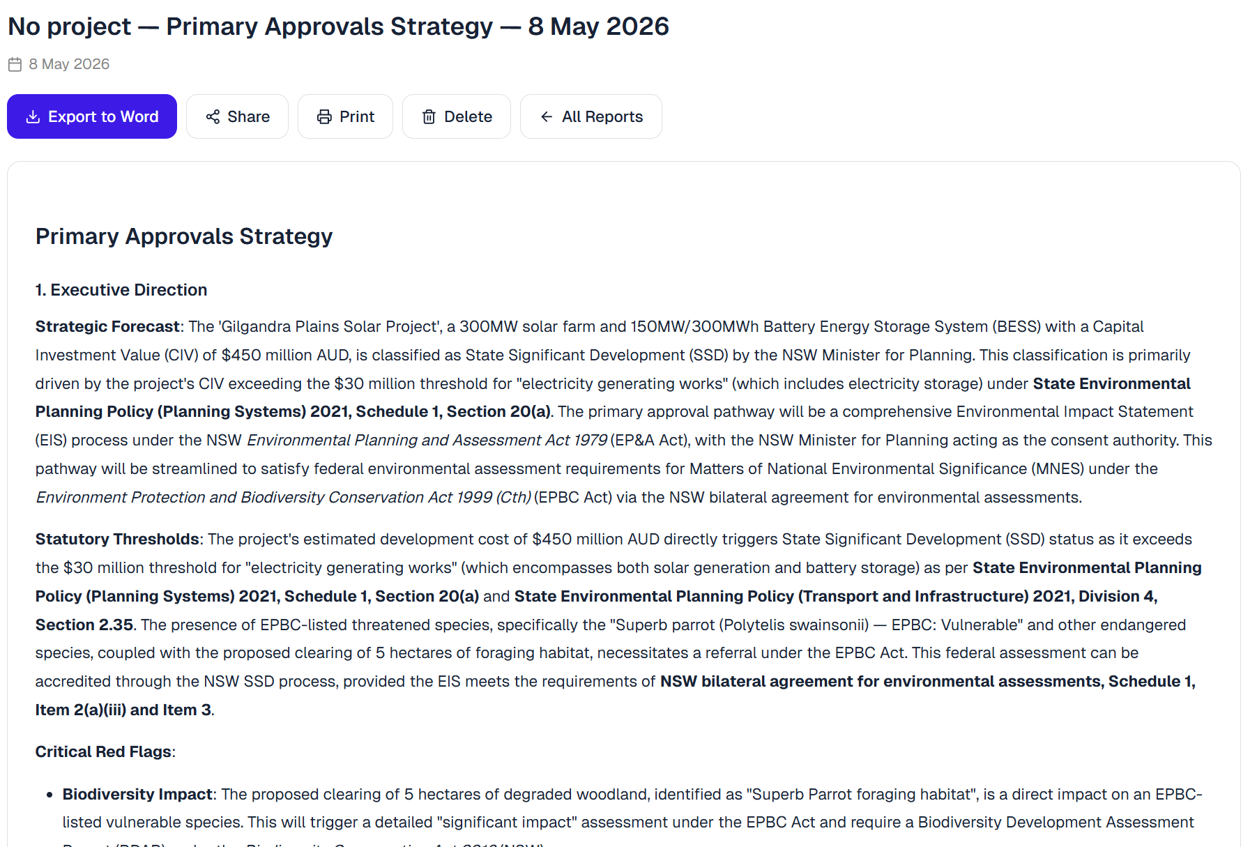 Generated Primary Approvals Strategy report — Executive Direction, Statutory Thresholds, Critical Red Flags with cited Acts