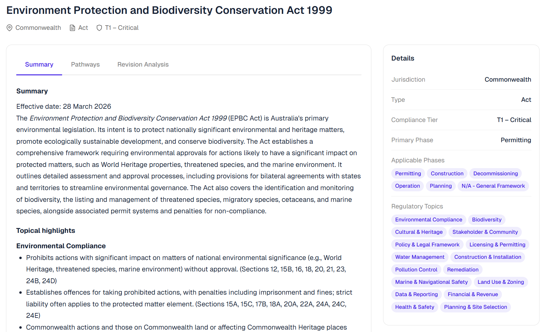 Enriched instrument page — EPBC Act 1999 with AI summary, topical highlights, applicable phases, and regulatory category tags