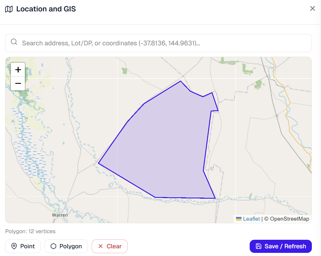 Project site polygon mapped in the Simpoli app — Location and GIS modal with search and Save/Refresh actions