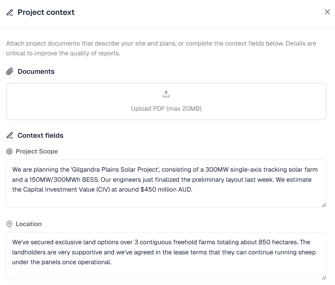 Project context form — Documents upload, Project Scope, and Location fields filled with example detail