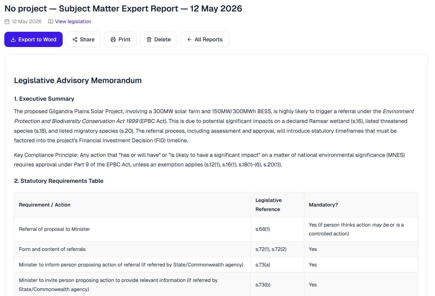 Subject Matter Expert Report — Legislative Advisory Memorandum for the Gilgandra Plains Solar Project with Executive Summary and Statutory Requirements Table citing EPBC Act sections