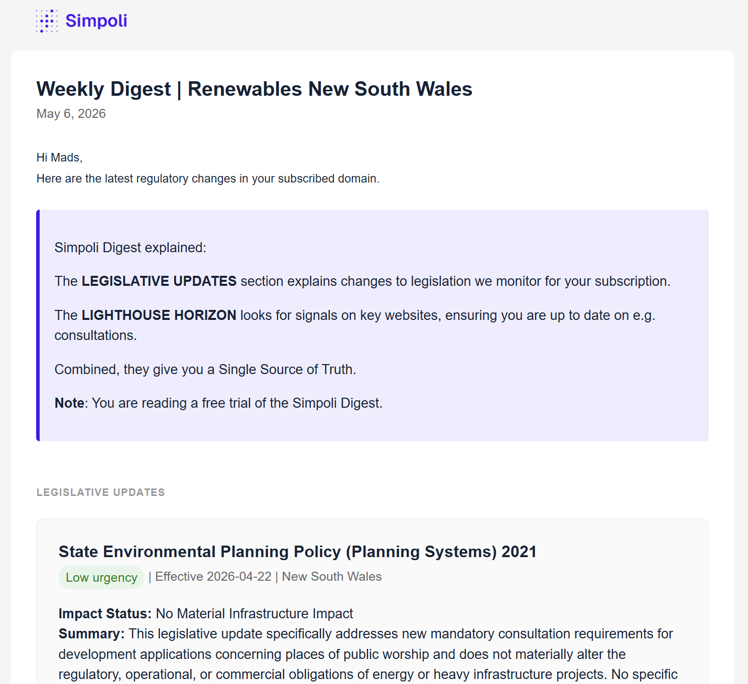 Weekly Digest email — Renewables New South Wales edition with the Simpoli Digest explained in 25 words and a personalised greeting